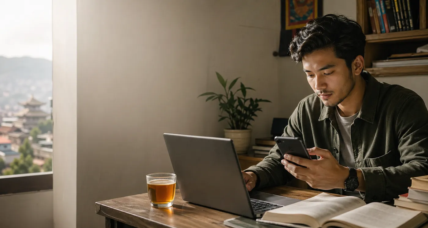 Nepali learner studying online while checking a phone payment